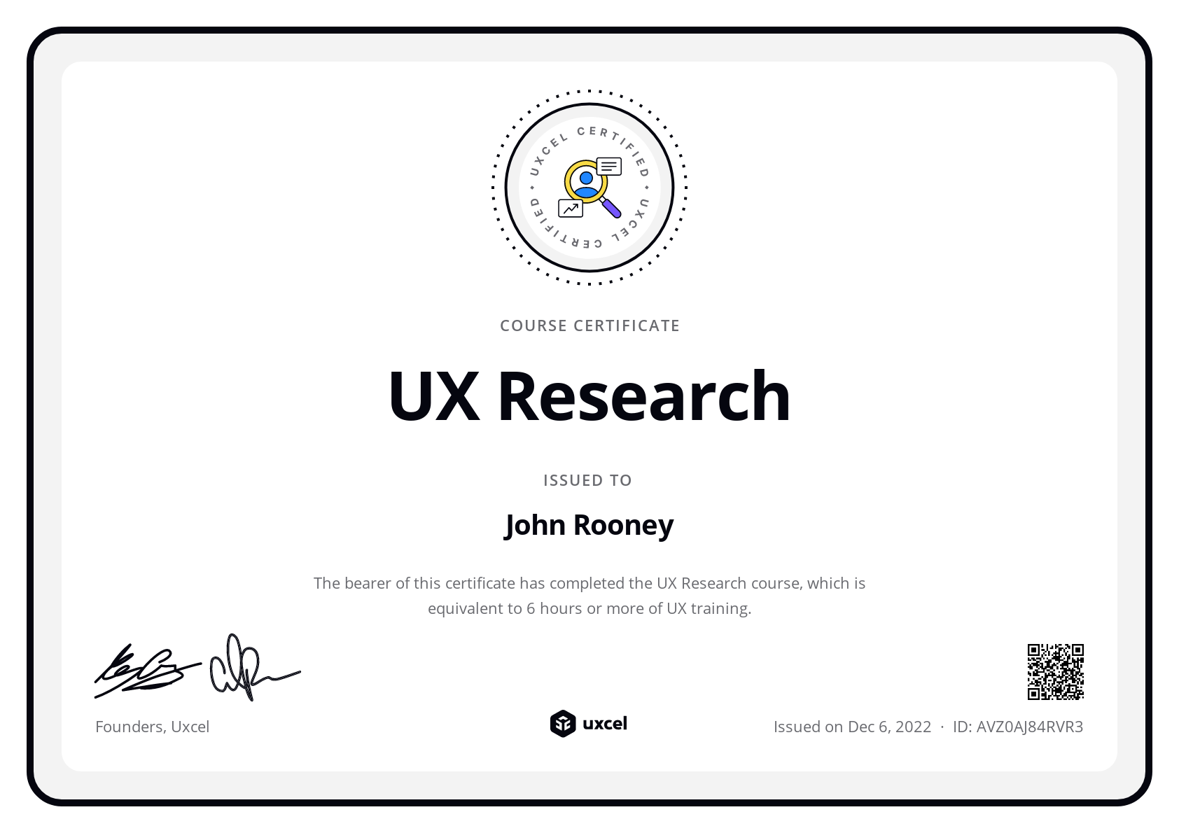 John Rooney's certificate